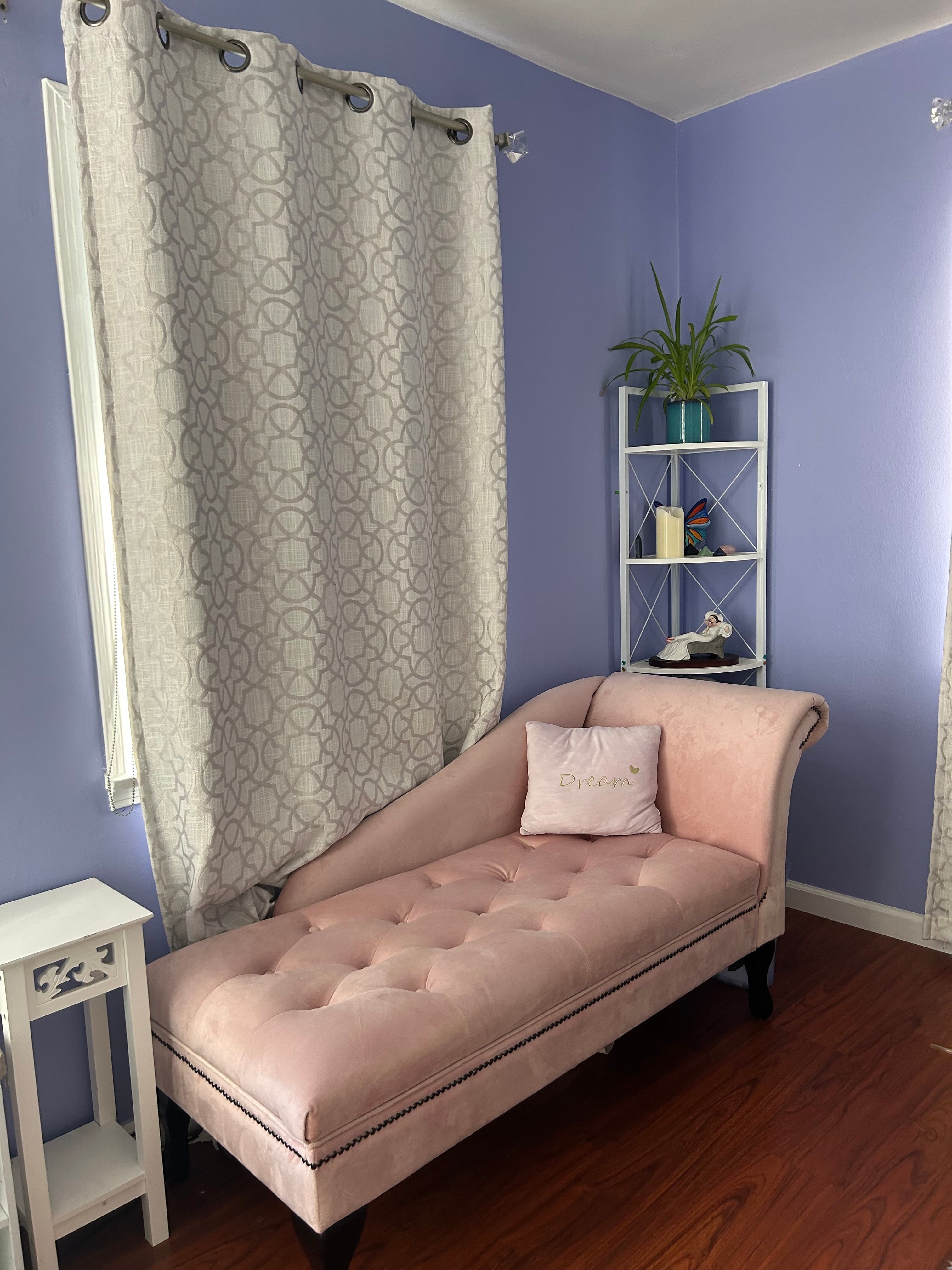 Pink velvet chaise lounge in the studio waiting area with Dream pillow